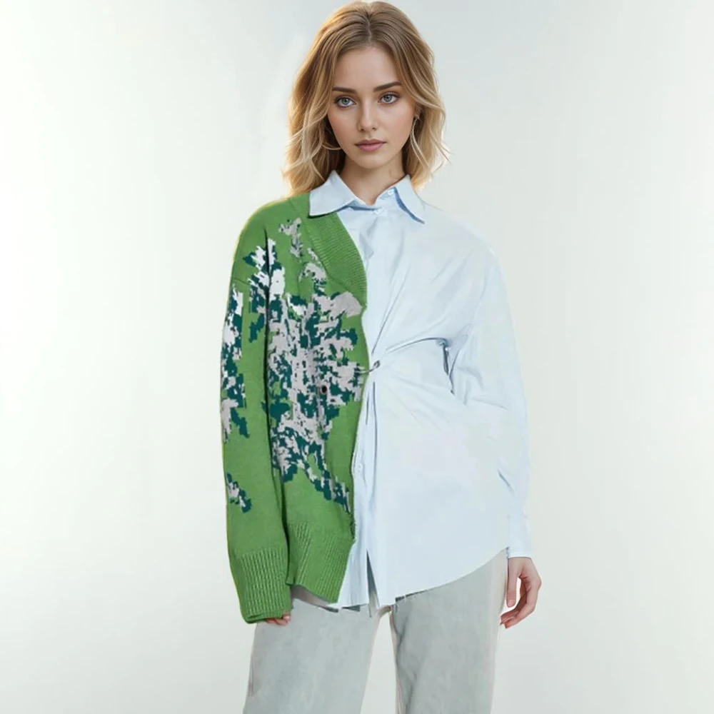 Colorblock Patchwork Knitting Shirts For Women Lapel Long Sleeve Casual Asymmetrical Printing Loose Chic Blouses Female
Colorblock Patchwork Knitting Shirts For Women Lapel Long Sleeve Casual Asymmetrical Printing Loose Chic Blouses Female