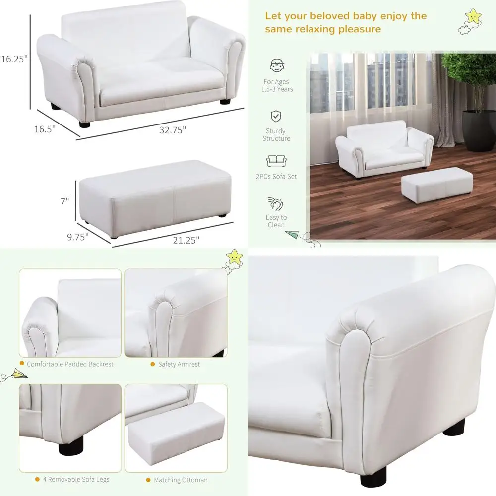 White Children's Sofa Set with Footstool for Playroom, Nursery, and Living Spaces
White Children's Sofa Set with Footstool for Playroom, Nursery, and Living Spaces