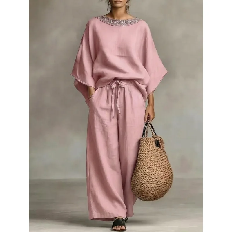Women Sexy Lace Batwing Top Drawstring Wide Leg Pants Casual Summer Outfit Retro Bat sleeve loose drawstring wide leg pants Suit
Women Sexy Lace Batwing Top Drawstring Wide Leg Pants Casual Summer Outfit Retro Bat sleeve loose drawstring wide leg pants Suit