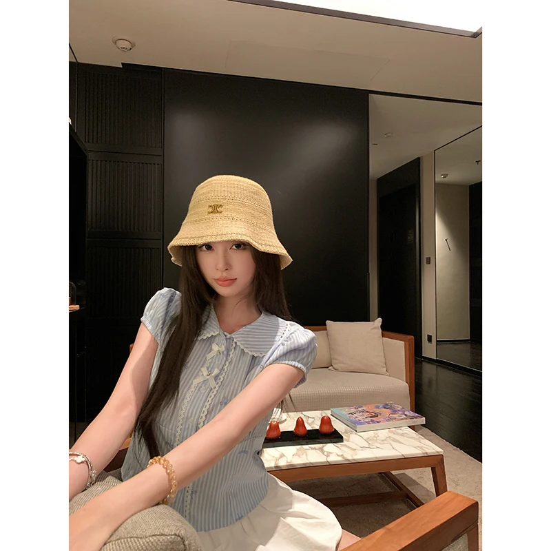 Blue Striped Short Sleeve Bubble Sleeve Shirt Women's Summer Slimming Knot Doll Collar Top Korean Style Commute Wind
Blue Striped Short Sleeve Bubble Sleeve Shirt Women's Summer Slimming Knot Doll Collar Top Korean Style Commute Wind