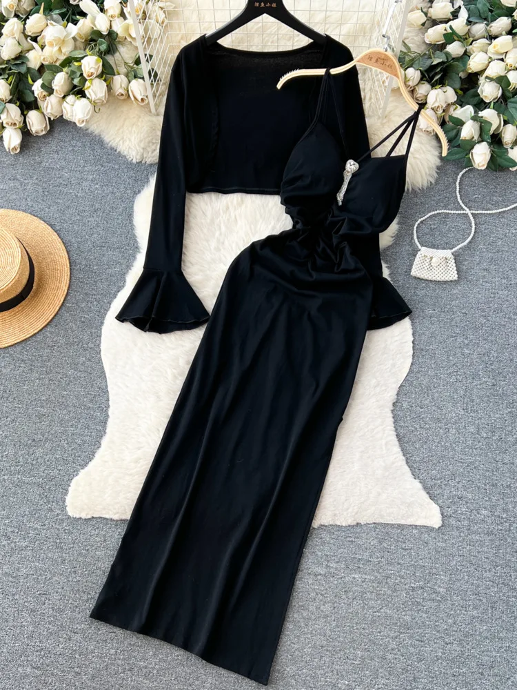 Autumn Two Piece Sets For Womens Outfit Hot Girl Flare Sleeve Short Top+sling Diamond Bodycon Dresses Sets Sexy Party Vestidos
Autumn Two Piece Sets For Womens Outfit Hot Girl Flare Sleeve Short Top+sling Diamond Bodycon Dresses Sets Sexy Party Vestidos