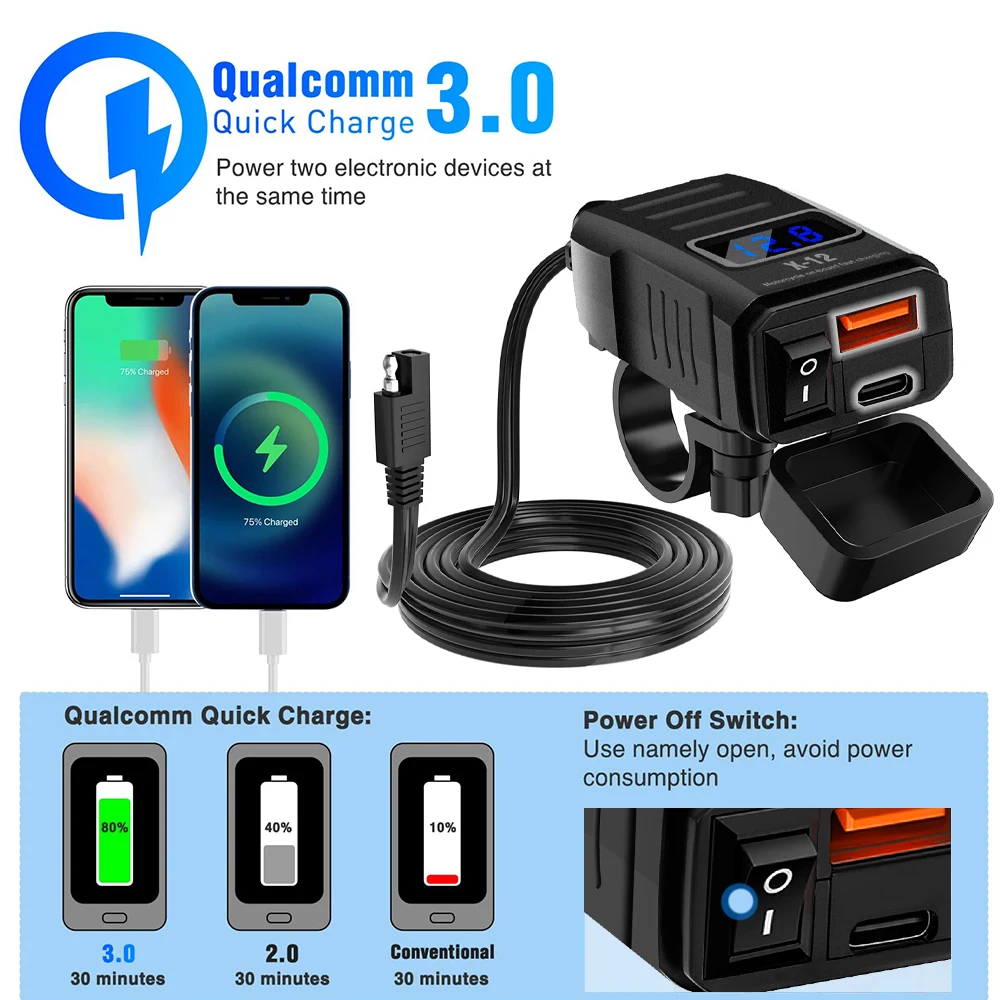 12V/24V Motorcycle Dedicated Usb Charger Pd+Qc3.0 Waterproof 48W Fast Charger Handlebar Charging Adapter with Digital Voltmeter
12V/24V Motorcycle Dedicated Usb Charger Pd+Qc3.0 Waterproof 48W Fast Charger Handlebar Charging Adapter with Digital Voltmeter