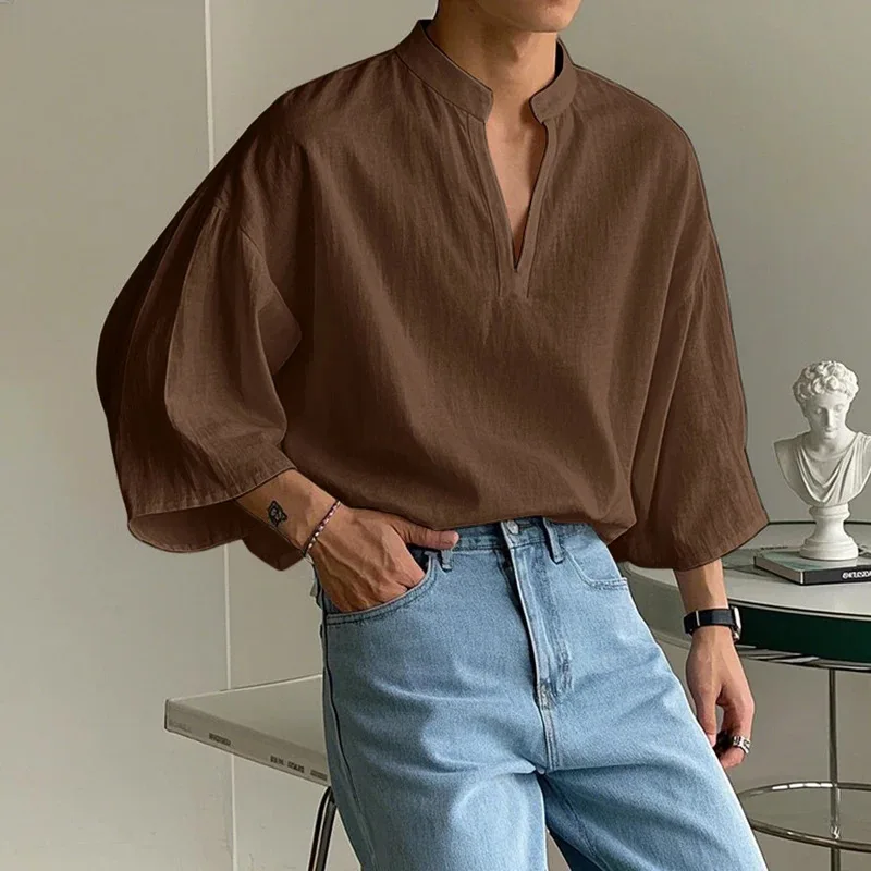 2026 Korean Style Stand V-Neck Tops For Men Fashion Solid Cotton Three-quarter Fare Sleeve Casual Loose Shirts Simple Blouse
2026 Korean Style Stand V-Neck Tops For Men Fashion Solid Cotton Three-quarter Fare Sleeve Casual Loose Shirts Simple Blouse
