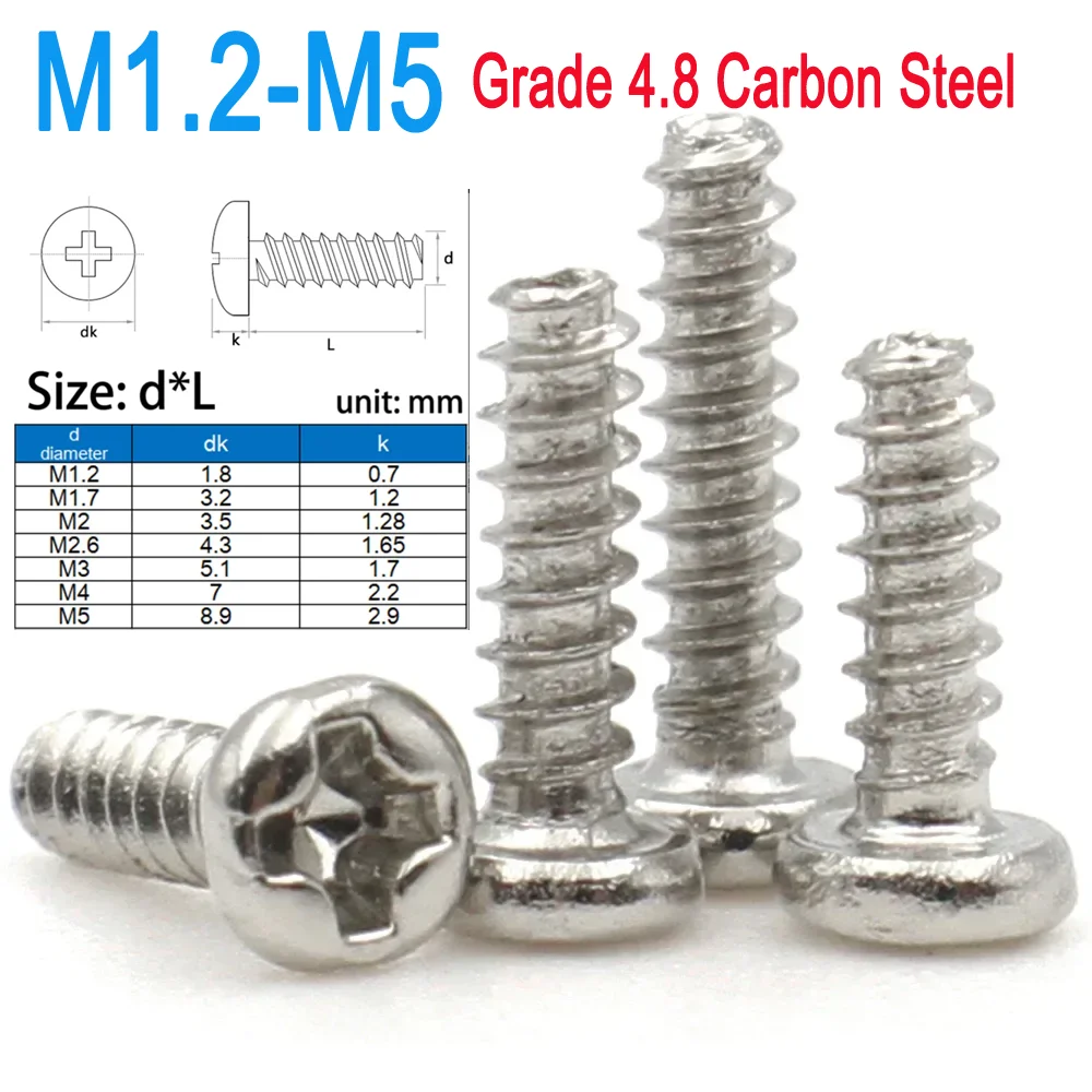 Grade 4.8 Carbon Steel Phillips Cross Recessed Round Head Self-tapping Flat Tail Screws M1.2 M1.7 M2 M2.6 M3 M4 M5 30/50/100pcs
Grade 4.8 Carbon Steel Phillips Cross Recessed Round Head Self-tapping Flat Tail Screws M1.2 M1.7 M2 M2.6 M3 M4 M5 30/50/100pcs