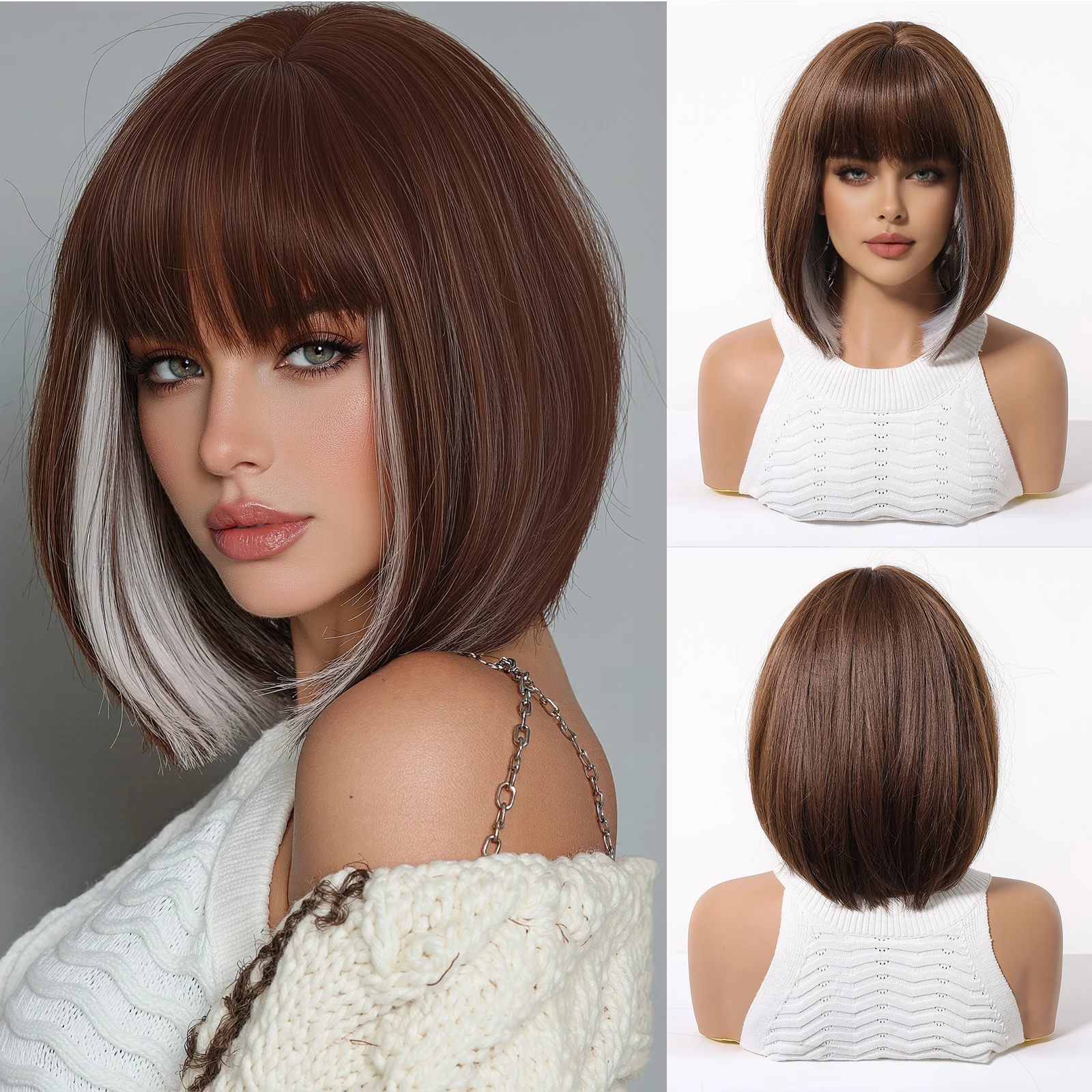 Bob Brown White Highlight Synthetic Wigs Straight Cosplay Short Daily Hair Wig with Bangs Heat Resistant Fiber for Women Afro
Bob Brown White Highlight Synthetic Wigs Straight Cosplay Short Daily Hair Wig with Bangs Heat Resistant Fiber for Women Afro