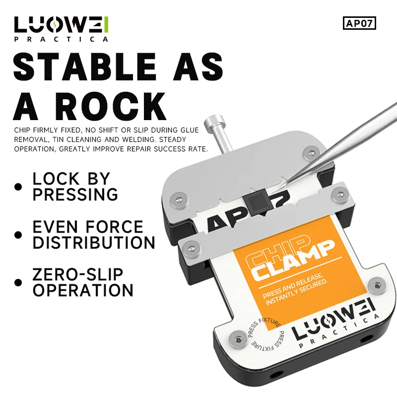 LUOWEI AP07 Chip Fixture High Temperature Resistant Press-to-Lock Clamp for Mobile Phone IC Chip Glue Removal Soldering Repair
LUOWEI AP07 Chip Fixture High Temperature Resistant Press-to-Lock Clamp for Mobile Phone IC Chip Glue Removal Soldering Repair
