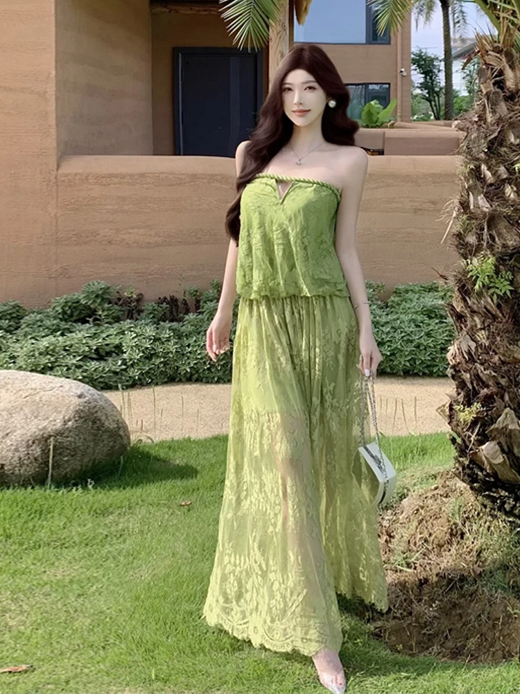 Summer Vacation Style Sexy Girl Twisted Rope Sleeveless Sexy Top Elastic Waist Maxi Skirt Green Set Women's Fashion Set
Summer Vacation Style Sexy Girl Twisted Rope Sleeveless Sexy Top Elastic Waist Maxi Skirt Green Set Women's Fashion Set