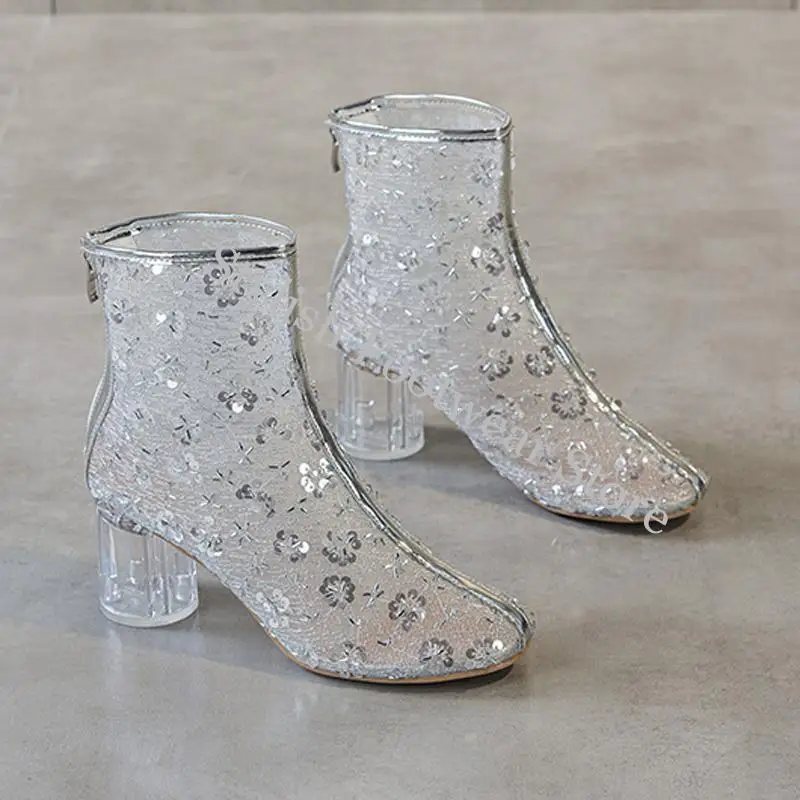 Summer Flowers Sequins Lace Mesh Ankle Boots Woman Round Toe Transparent Chunky High Boots Woman Short Botas
Summer Flowers Sequins Lace Mesh Ankle Boots Woman Round Toe Transparent Chunky High Boots Woman Short Botas