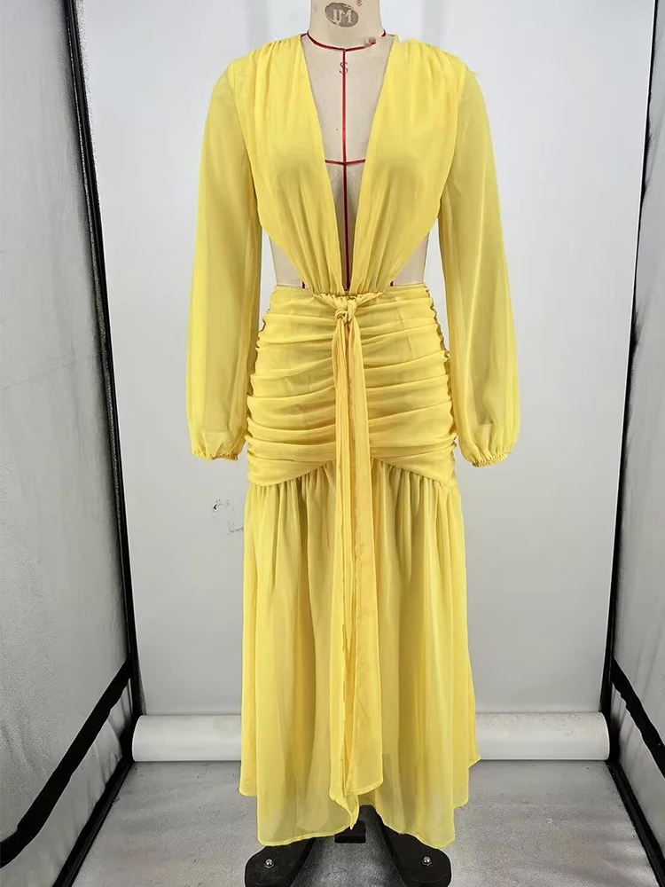 HH Women's Beach Vocation Fashion V-neck Hot Sexy Chiffon Midi Long Sleeves Dress Female Hollow Lace Up Pleated Long Dress
HH Women's Beach Vocation Fashion V-neck Hot Sexy Chiffon Midi Long Sleeves Dress Female Hollow Lace Up Pleated Long Dress