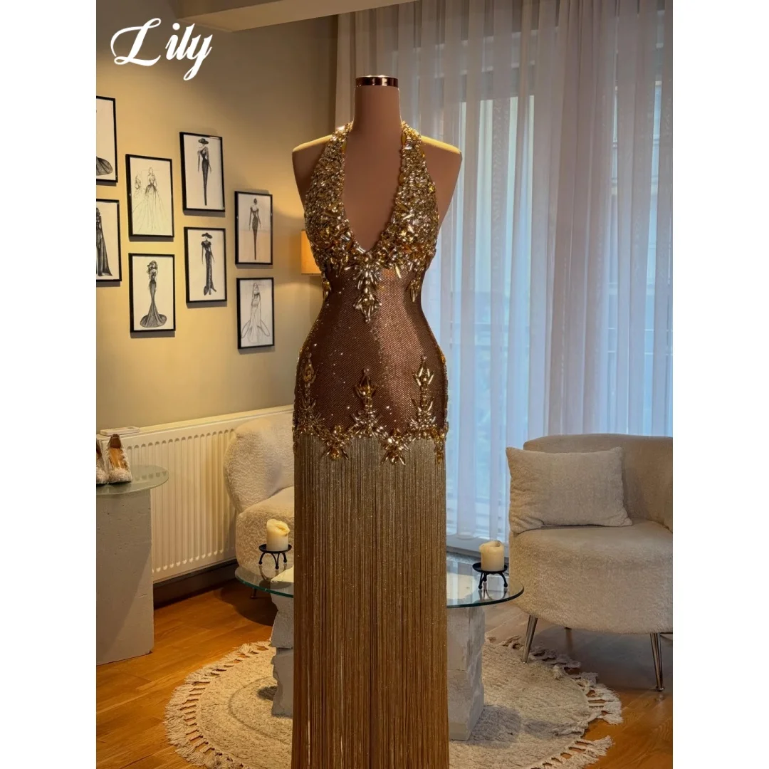 Lily Gold Prom Dress Luxury Heavy Rhinestone Crystal Embellished Evening Dress Long Beaded Fringe Tassel Party Gown Customized
Lily Gold Prom Dress Luxury Heavy Rhinestone Crystal Embellished Evening Dress Long Beaded Fringe Tassel Party Gown Customized