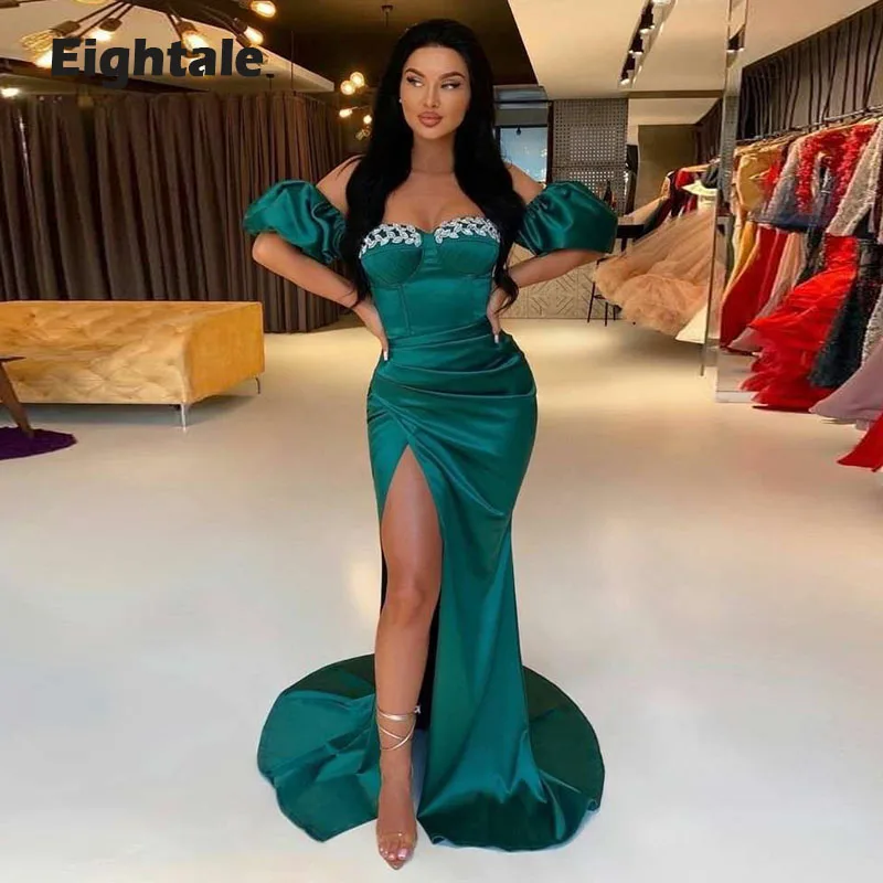Eightale Arabic Evening Dresses off the Shoulder Appliques Mermaid Dark Green Prom Gown Side Split Satin Party Dress 2022
Eightale Arabic Evening Dresses off the Shoulder Appliques Mermaid Dark Green Prom Gown Side Split Satin Party Dress 2022