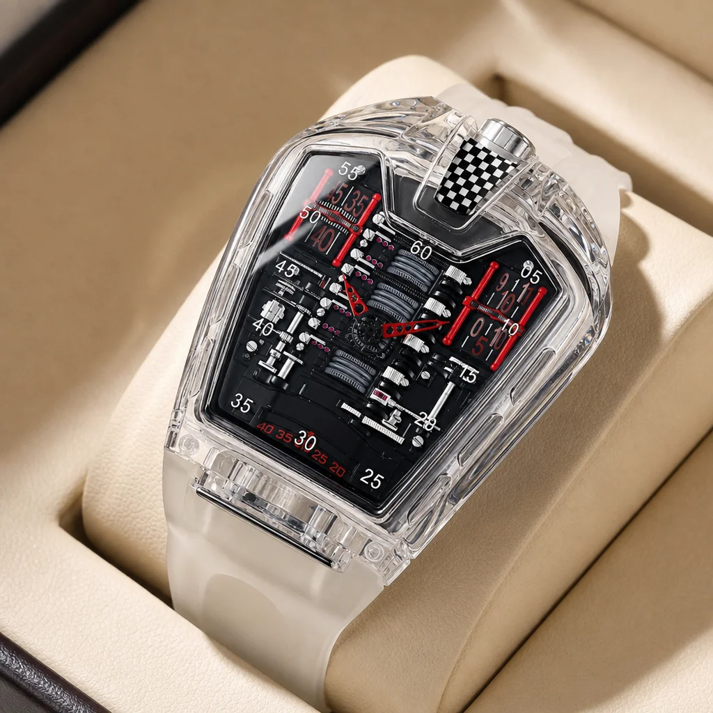 1pcs Men's black dial silicone strap vintage fashion tonneau case skeleton sporty details Quartz Watch for daily business party
1pcs Men's black dial silicone strap vintage fashion tonneau case skeleton sporty details Quartz Watch for daily business party