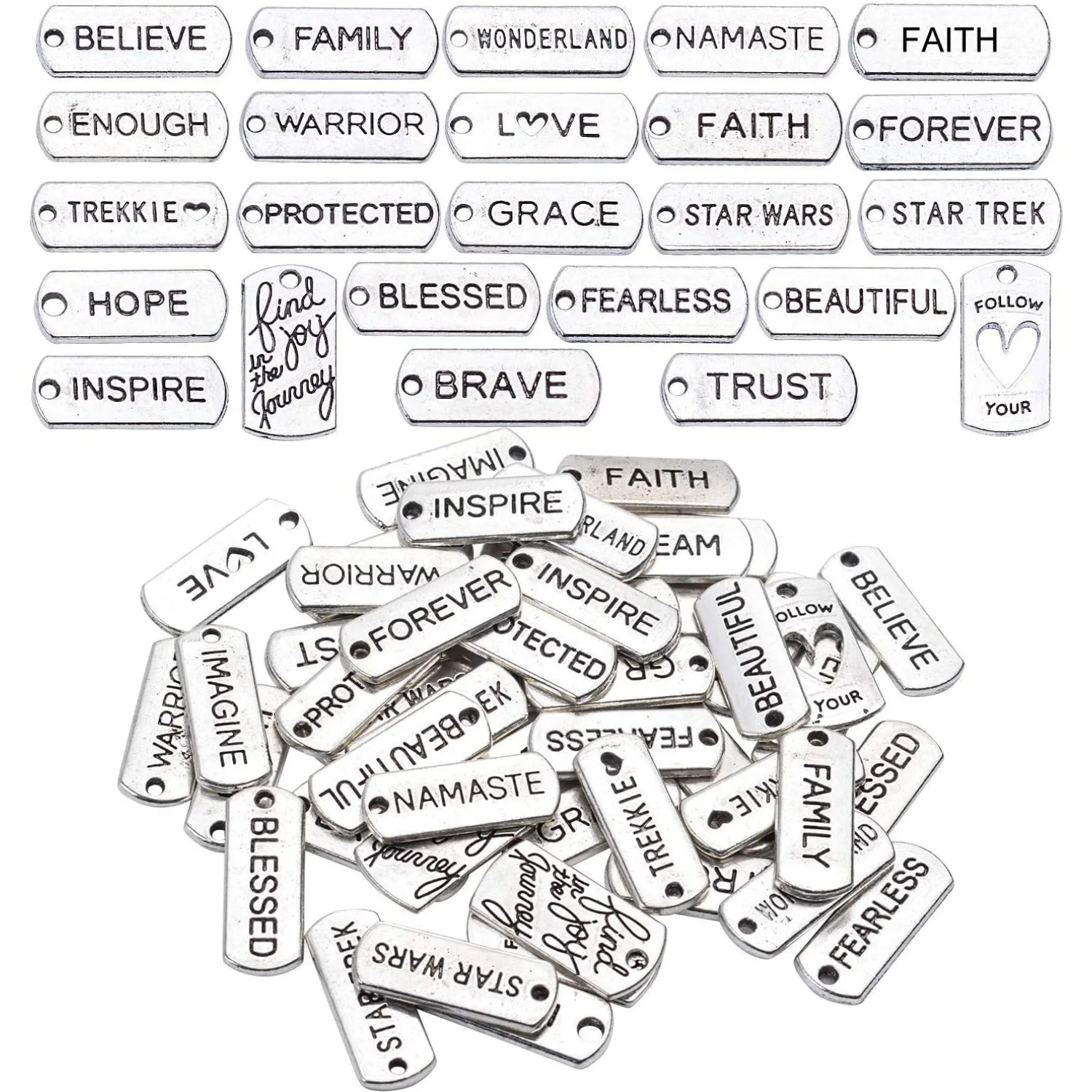 50 Pieces Inspirational Words Charms Pendants Tibetan Silver Craft Supplies Inspiration Message Beads Charms for DIY Necklace
50 Pieces Inspirational Words Charms Pendants Tibetan Silver Craft Supplies Inspiration Message Beads Charms for DIY Necklace