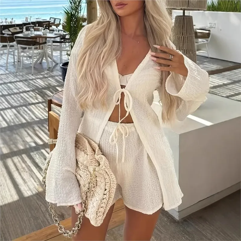 Women's Textured Two Piece Set Tie Front Long Sleeve Top & Drawstring Shorts Casual Loose Fit Loungewear Outfit
Women's Textured Two Piece Set Tie Front Long Sleeve Top & Drawstring Shorts Casual Loose Fit Loungewear Outfit