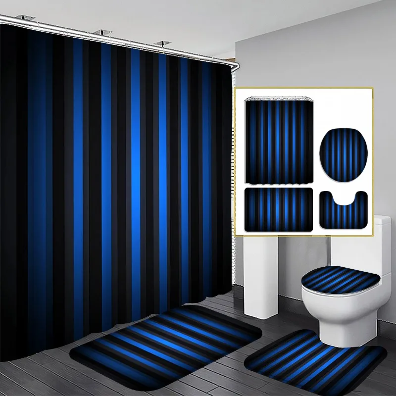 4pcs Modern Shower Curtain Set with U-shaped Mat and Lid- 70.87x 70.87inch Large Bathroom Decoration, Blue and Black Stripes, 12
4pcs Modern Shower Curtain Set with U-shaped Mat and Lid- 70.87x 70.87inch Large Bathroom Decoration, Blue and Black Stripes, 12