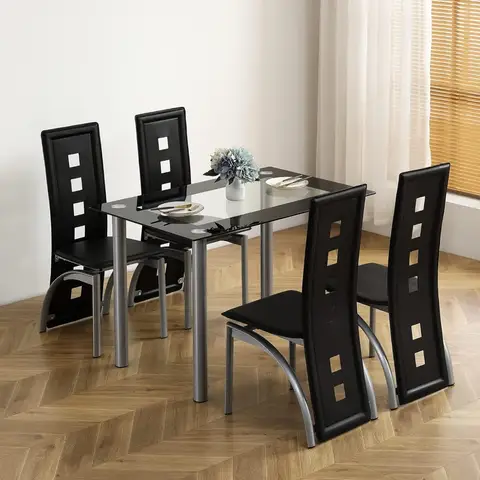 Karl Home Modern 5-Piece Dining Set with Glass Table and 4 PVC Chairs for Kitchen and Breakfast Area