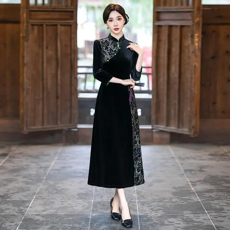 Large Size 4XL Qipao Dress Lace Patchwork Velvet Cheongsam Chinese Traditional Ao Dai A-Line Qipaos Vintage Improved Vestidos
Large Size 4XL Qipao Dress Lace Patchwork Velvet Cheongsam Chinese Traditional Ao Dai A-Line Qipaos Vintage Improved Vestidos