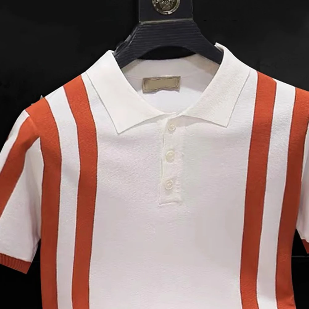 Short Sleeve Men's Knit Top with Lapel Detail Turn Down Collar and Patchwork Stripe Texture for Smart Layering
Short Sleeve Men's Knit Top with Lapel Detail Turn Down Collar and Patchwork Stripe Texture for Smart Layering