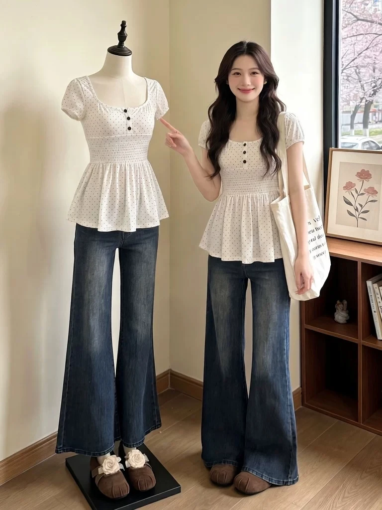 Korean Style Polka Dot Square Collar Short Sleeve Women's T-Shirt Summer New plus Size Flared Top Commute Style Slim Fit
Korean Style Polka Dot Square Collar Short Sleeve Women's T-Shirt Summer New plus Size Flared Top Commute Style Slim Fit