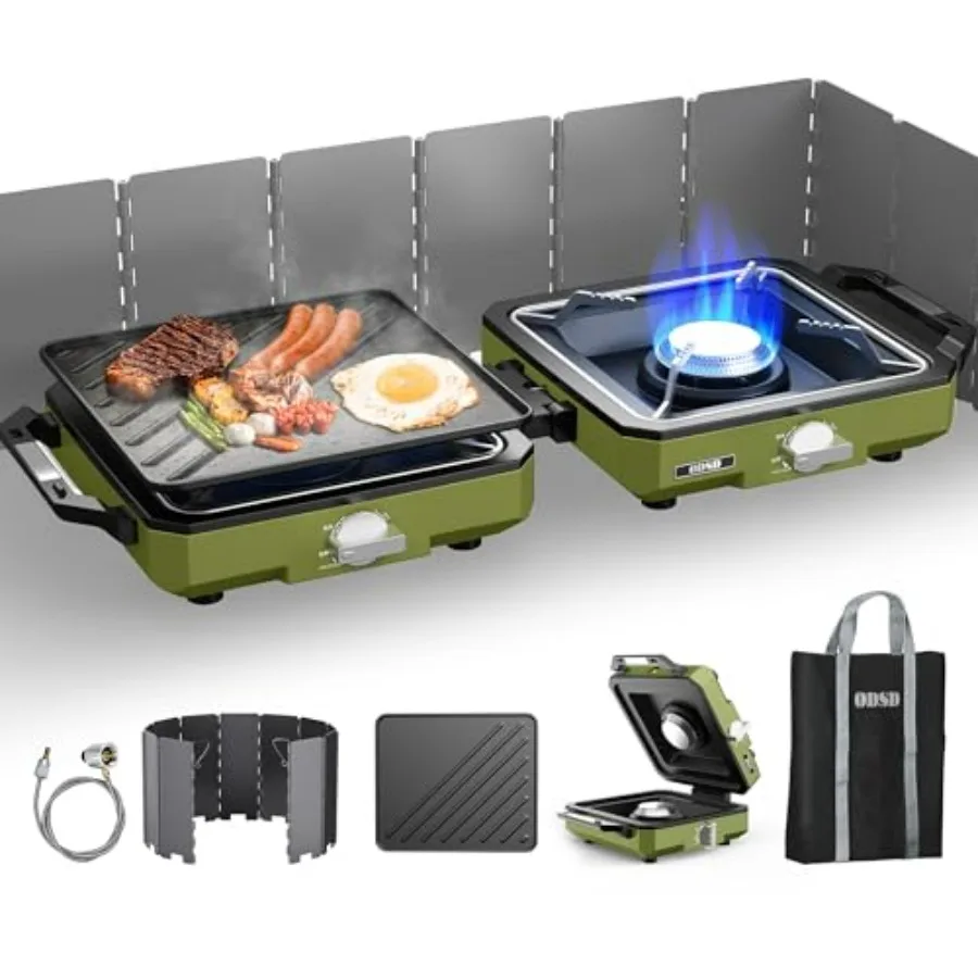 Camping stove with windshield: 2-burner, 20000 BTU propane, portable folding design, green, includes frying pan, coffee stand,
Camping stove with windshield: 2-burner, 20000 BTU propane, portable folding design, green, includes frying pan, coffee stand,