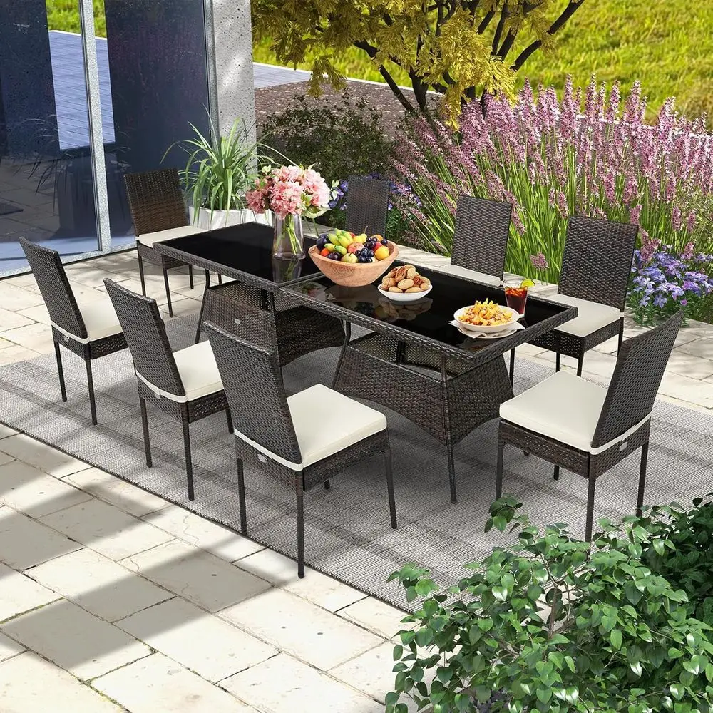 10-Piece Outdoor Wicker Dining Set with Tempered Glass Top and Cushioned Seats, Ideal for Patio, Backyard, or Balcony (Brown)
10-Piece Outdoor Wicker Dining Set with Tempered Glass Top and Cushioned Seats, Ideal for Patio, Backyard, or Balcony (Brown)