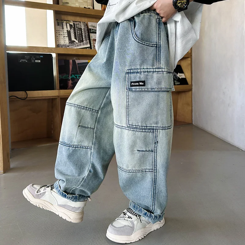 Spring Autumn Loose Straight Children Cargo Jeans with Pocket For Tween Boy Fashion Light Blue Denim Pants Kids Casual Trousers
Spring Autumn Loose Straight Children Cargo Jeans with Pocket For Tween Boy Fashion Light Blue Denim Pants Kids Casual Trousers