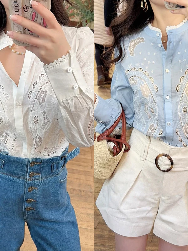 Elegant Hollow out Collar Stand up Women's Shirt French Style Loose Fit Cotton Long Sleeve Breathable Spring Summer New Arrival
Elegant Hollow out Collar Stand up Women's Shirt French Style Loose Fit Cotton Long Sleeve Breathable Spring Summer New Arrival