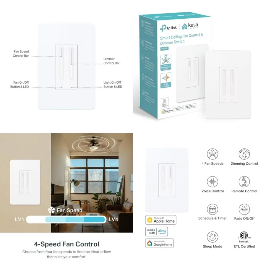 Ceiling Fan Control and Dimmer Switch Adjustable 4-Speed Fan and Brightness Control Works w/Apple HomeKit, Alexa and Google Hom
Ceiling Fan Control and Dimmer Switch Adjustable 4-Speed Fan and Brightness Control Works w/Apple HomeKit, Alexa and Google Hom