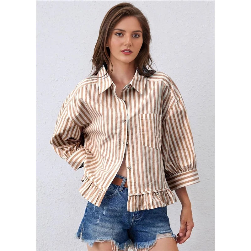 ABRT-Women 3/4 Length Sleeve Striped Button Down Shirt Loose Fit Drop Shoulder Trendy Ruffle Hem Striped Blouses Top
ABRT-Women 3/4 Length Sleeve Striped Button Down Shirt Loose Fit Drop Shoulder Trendy Ruffle Hem Striped Blouses Top