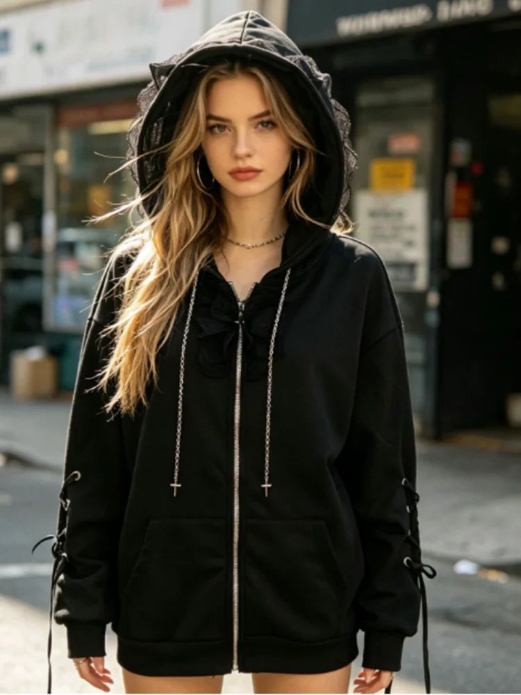 Cat Ear Lace Trim Hoodie Women Zip Up Cross Chain Drawstring Sleeve Lace Up Y2K Goth Oversized Casual Streetwear Jacket
Cat Ear Lace Trim Hoodie Women Zip Up Cross Chain Drawstring Sleeve Lace Up Y2K Goth Oversized Casual Streetwear Jacket
