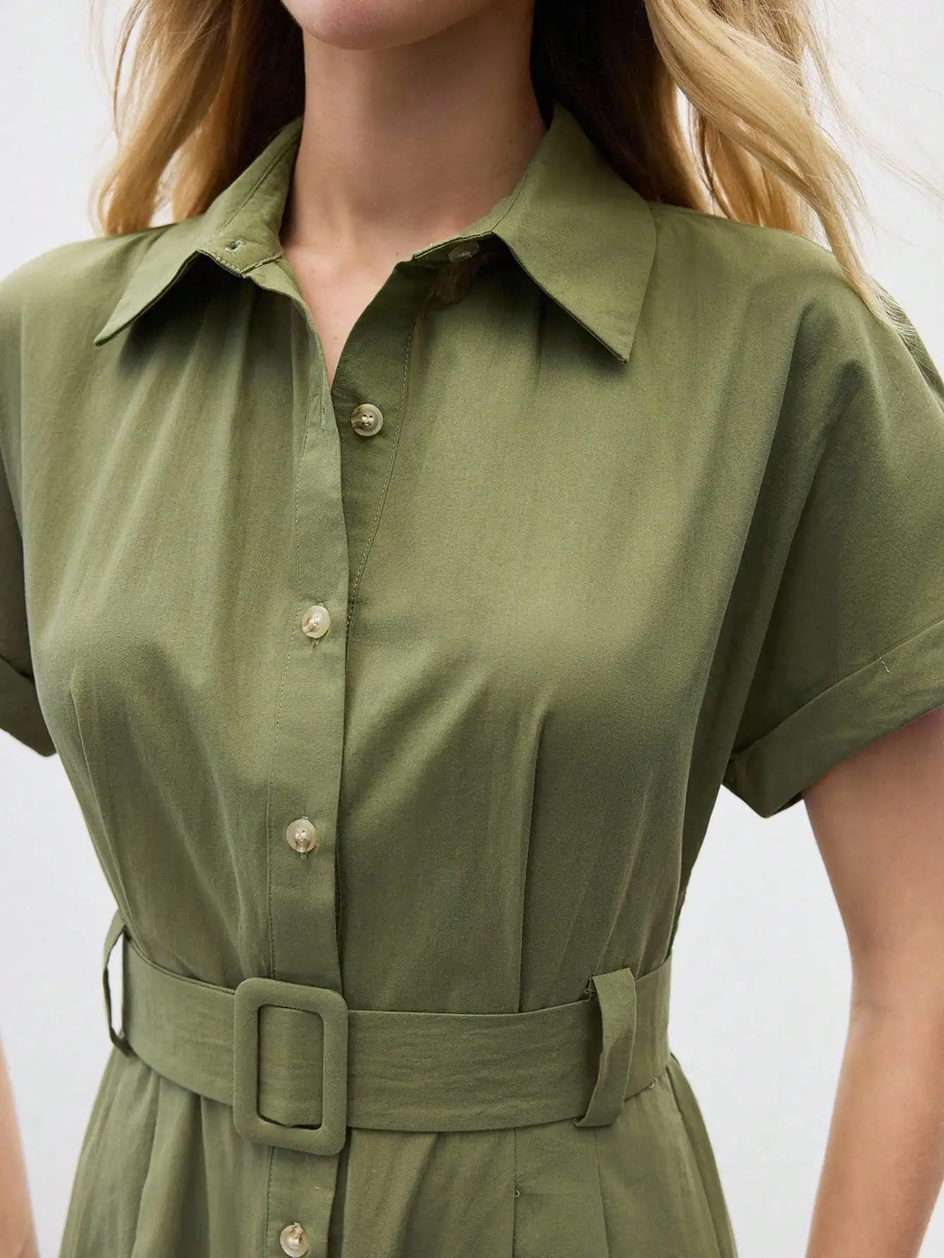 Women Solid Color Button Front Short Sleeve Shirt Dress With Belt
Women Solid Color Button Front Short Sleeve Shirt Dress With Belt
