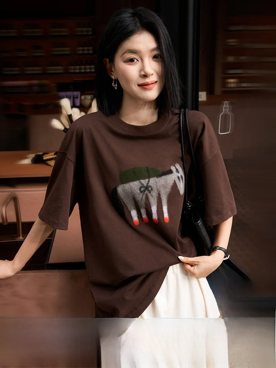 Xhange Brown Series Comfortable Cotton Loose Feeling T-Shirt Lucky Short Sleeve round Neck Casual Women's Top
Xhange Brown Series Comfortable Cotton Loose Feeling T-Shirt Lucky Short Sleeve round Neck Casual Women's Top