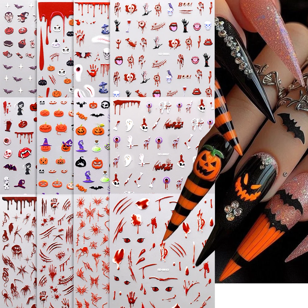 5D Horror Bloody Halloween Nail Art Sticker Pumpkin Ghost Skeleton Red Skull Eyeball Nail Decals Festival Sticker Manicure Decor
5D Horror Bloody Halloween Nail Art Sticker Pumpkin Ghost Skeleton Red Skull Eyeball Nail Decals Festival Sticker Manicure Decor