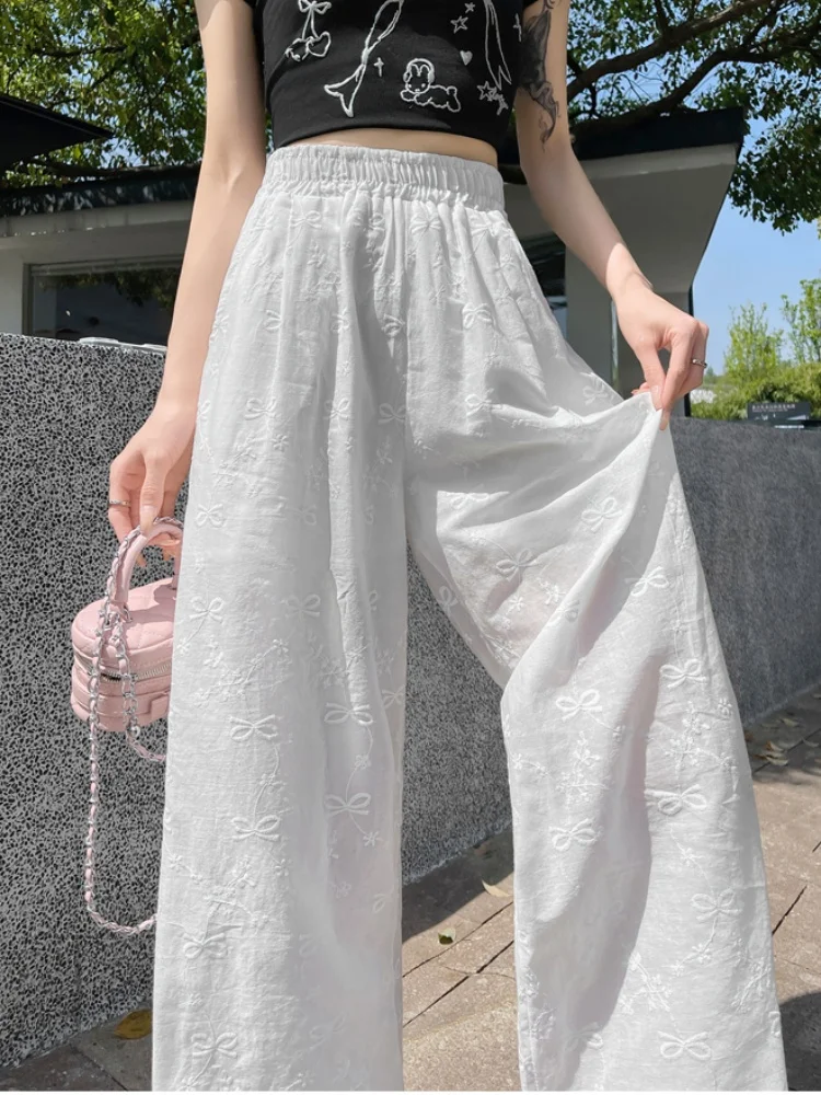 New Summer Thin White Hollow Lace Bow Embroidery Pants Elastic High Waist Casual Loose Straight Wide Leg Pants
New Summer Thin White Hollow Lace Bow Embroidery Pants Elastic High Waist Casual Loose Straight Wide Leg Pants