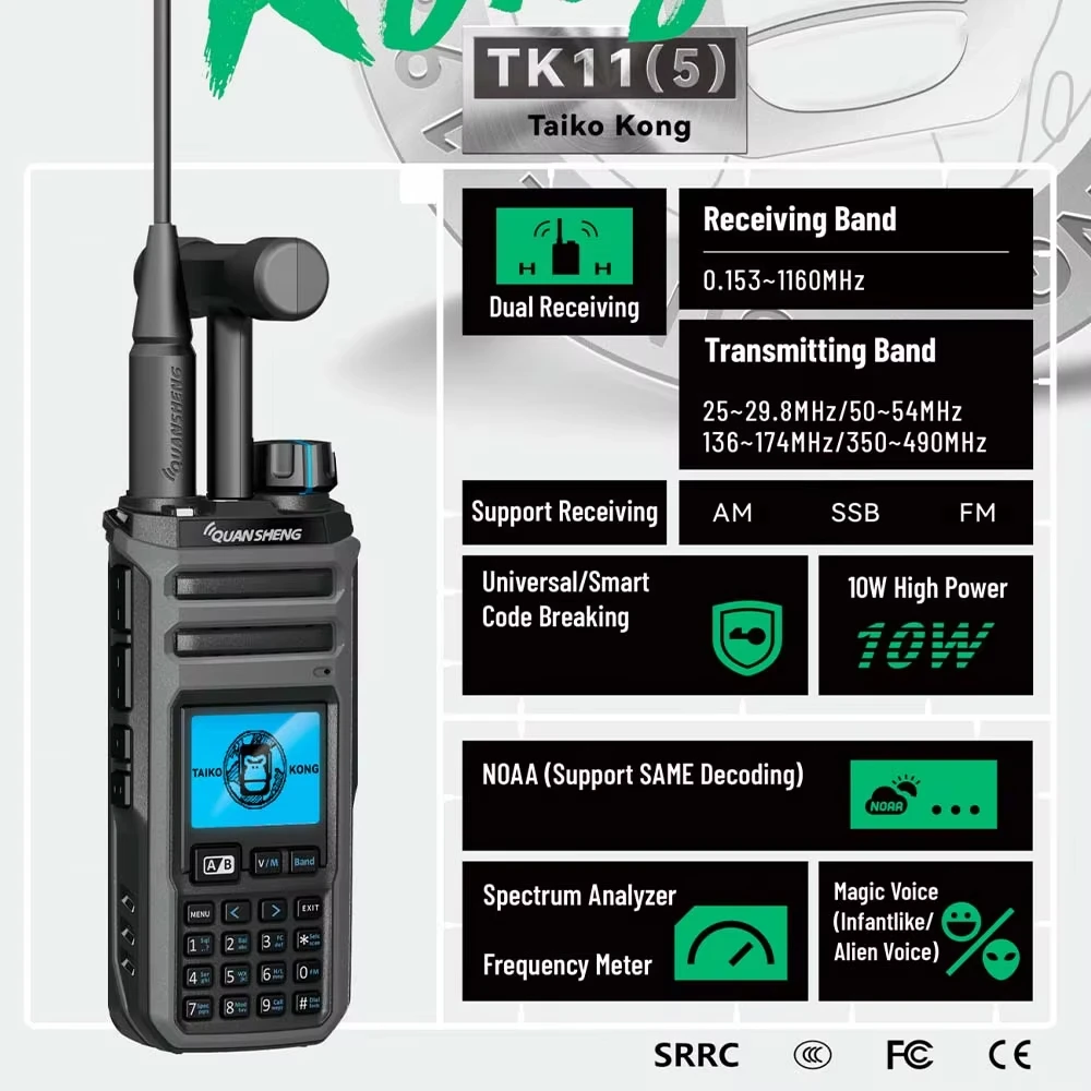 QuanSheng UV TK11 5 Walkie Talkie 10W AM FM SSB CB Radio 0.153-1160MHz Wide Band NOAA Weather Alert Long Range Two Way Radio
QuanSheng UV TK11 5 Walkie Talkie 10W AM FM SSB CB Radio 0.153-1160MHz Wide Band NOAA Weather Alert Long Range Two Way Radio