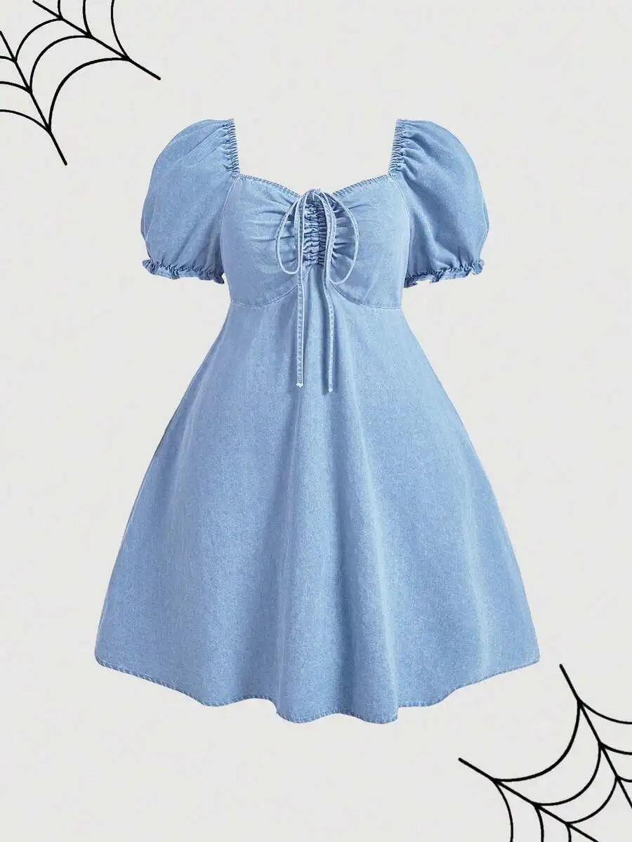 Denim Dress With Puff Sleeve And Bow Detail Loose Fit Blue Womens Dress
Denim Dress With Puff Sleeve And Bow Detail Loose Fit Blue Womens Dress