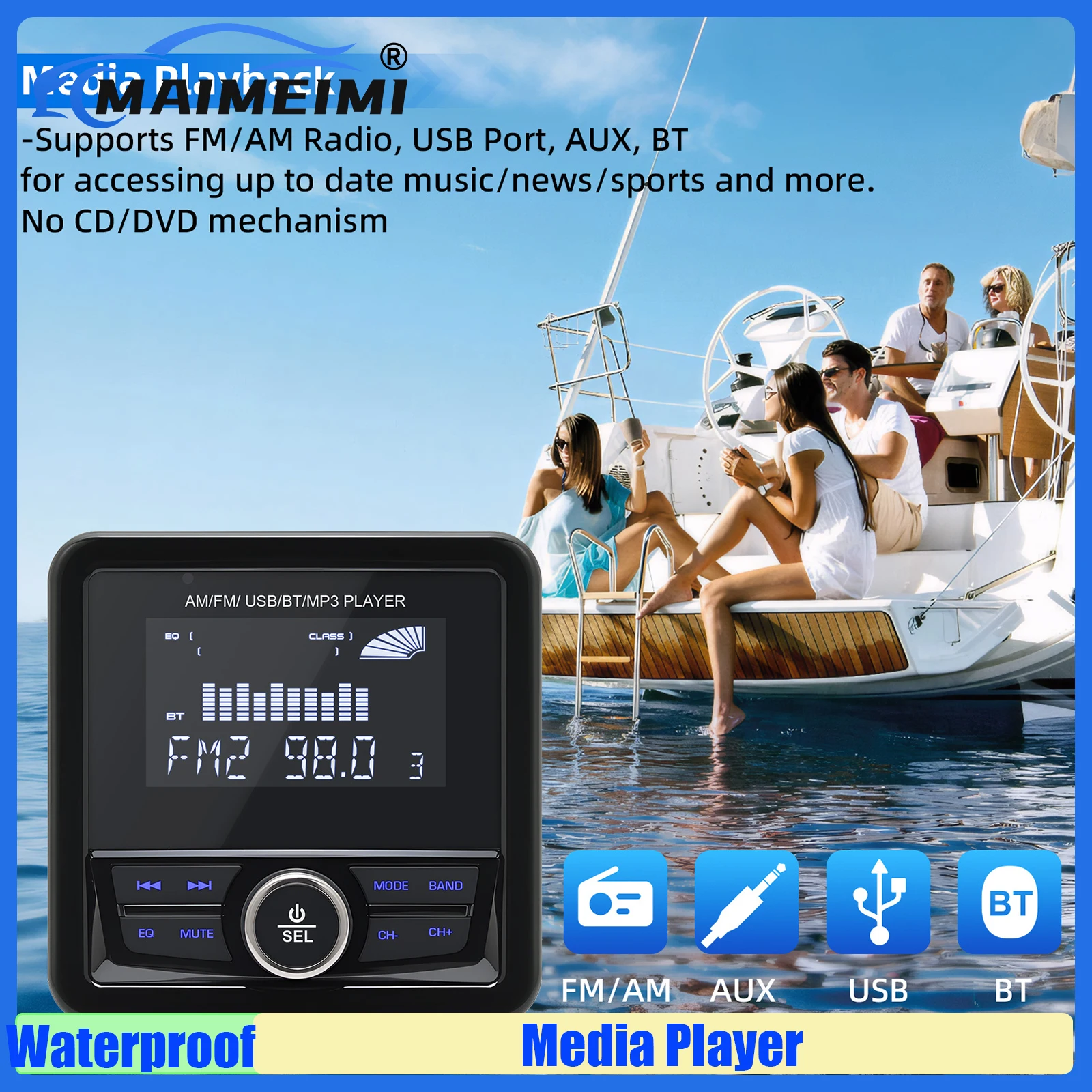 MAIMEIMI морской радио лодка стерео Bluetooth-совместимый FM AM цифровой медиа аудиоплеер водонепроницаемый для яхт ATV UTV Golf
MAIMEIMI морской радио лодка стерео Bluetooth-совместимый FM AM цифровой медиа аудиоплеер водонепроницаемый для яхт ATV UTV Golf