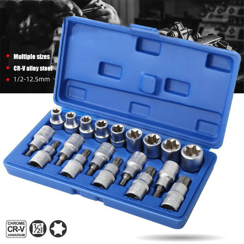 CRV 19Pcs Torx Star Wrench Socket Head for Ratchet Male Female E and T Type Socket Bit Socket Set 1/2 Auto Repairing Hand Tools
CRV 19Pcs Torx Star Wrench Socket Head for Ratchet Male Female E and T Type Socket Bit Socket Set 1/2 Auto Repairing Hand Tools