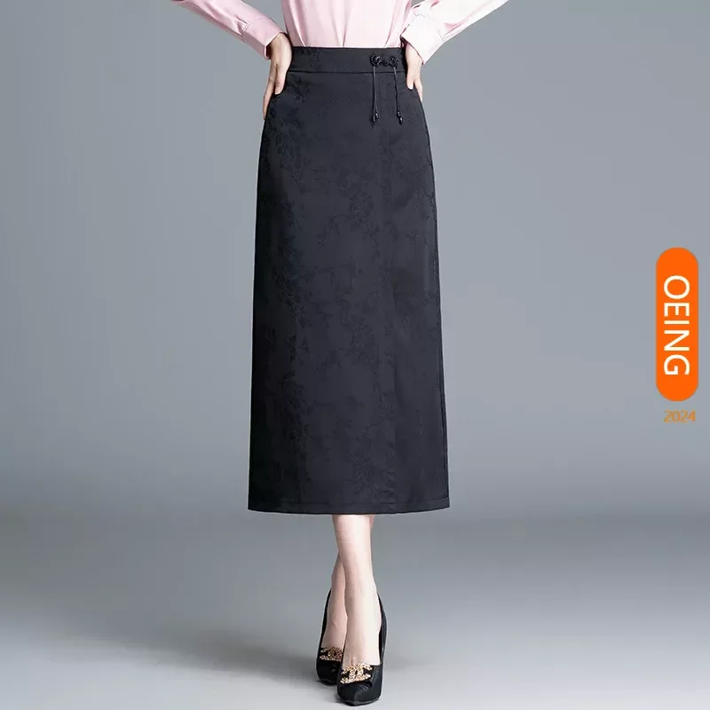 

Vintage Chinese Style Black Bodycon Straight Skirt 2024 Spring Autumn Women Elegant Slim Plus Size Long Skirts Office Lady 2418