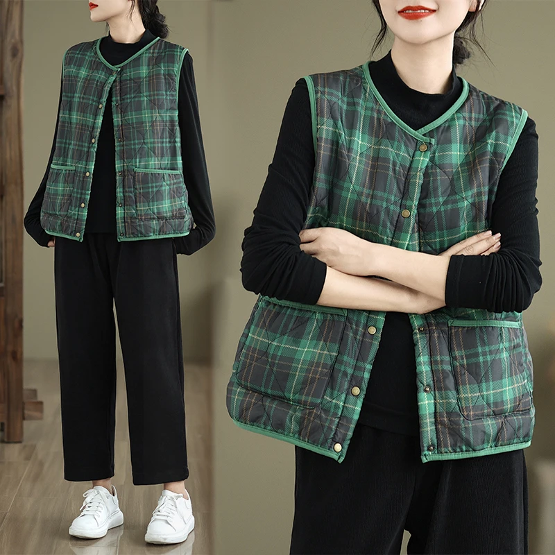 Осень-зима, клетчатый женский жилет на подкладке, теплый, приталенный, модный, тонкий, из смеси хлопка и полиэстера, для поездок на работу, Sle 
Осень-зима, клетчатый женский жилет на подкладке, теплый, приталенный, модный, тонкий, из смеси хлопка и полиэстера, для поездок на работу, Sle