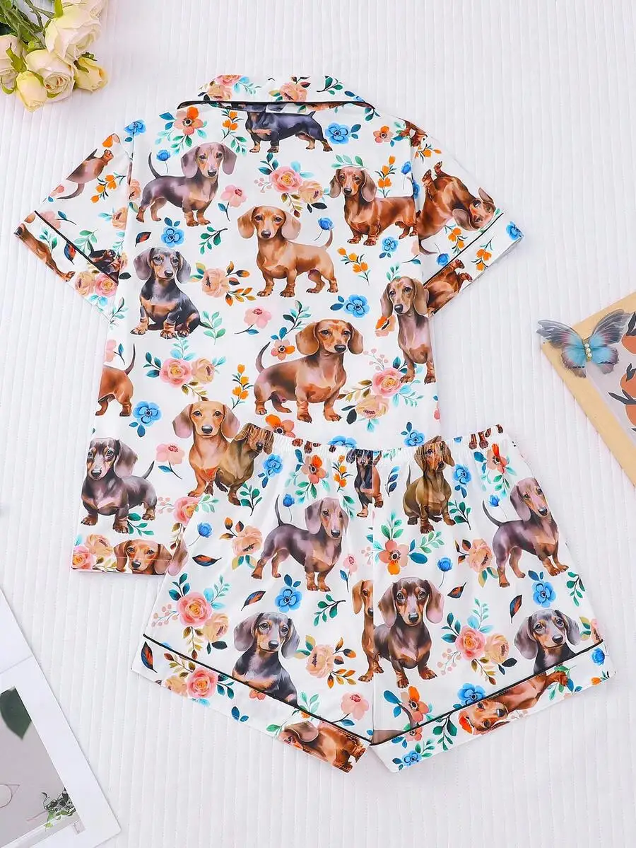 2-Piece Dog Print Pajama Set For Women Short Sleeve Button Shirt Elastic Waist Shorts Floral Pattern
2-Piece Dog Print Pajama Set For Women Short Sleeve Button Shirt Elastic Waist Shorts Floral Pattern