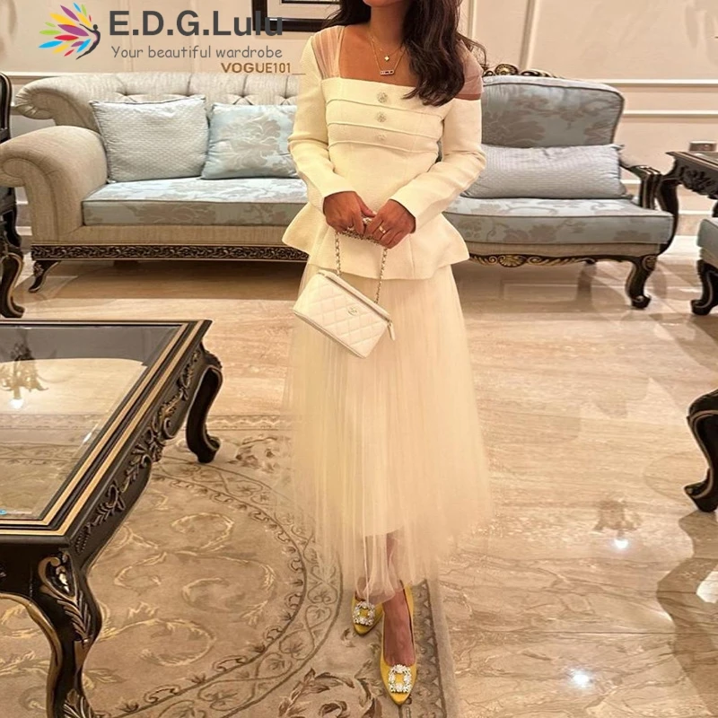 EDGLuLu New Square Collar Single Breasted Mesh Spliced Top + High Waist Mesh Midi Skirt White Suit Two-Piece Set 0730
EDGLuLu New Square Collar Single Breasted Mesh Spliced Top + High Waist Mesh Midi Skirt White Suit Two-Piece Set 0730