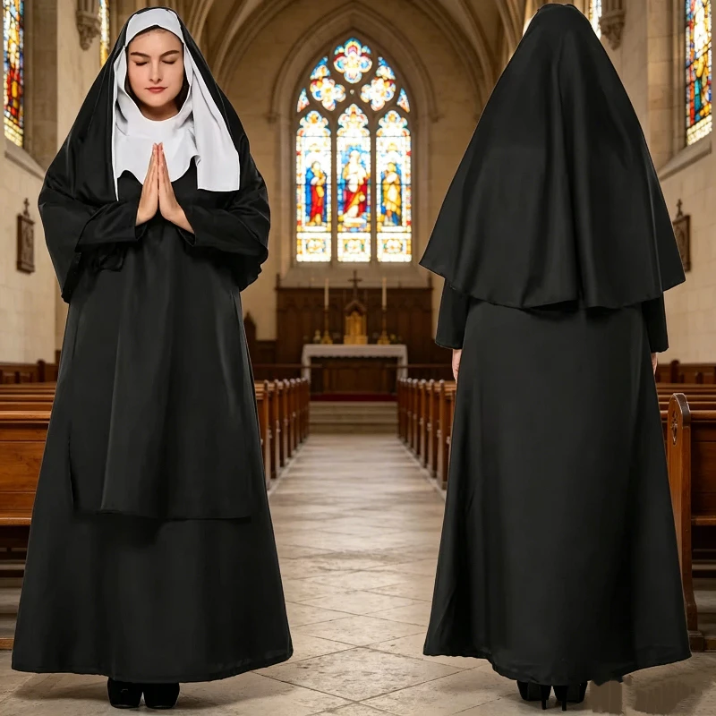 Nun Cosplay Women Costume Medieval Female Black Long Dress Party Stage Religious Priestess Church Role Play Outfit
Nun Cosplay Women Costume Medieval Female Black Long Dress Party Stage Religious Priestess Church Role Play Outfit