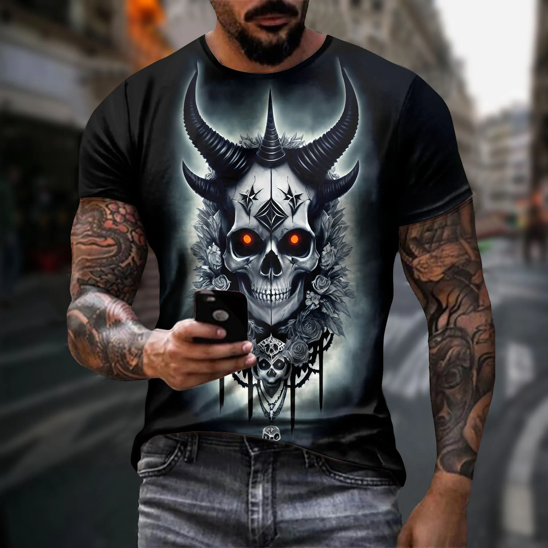 New casual T-shirt men's clothing 3D digital printing skull graphic short sleeved loose breathable round neck top for men
New casual T-shirt men's clothing 3D digital printing skull graphic short sleeved loose breathable round neck top for men