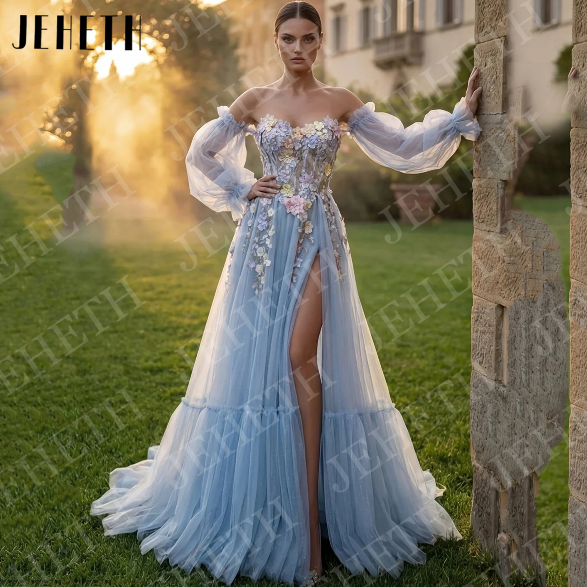 JEHETH Blue Fairy Prom Dress Tulle Off Shoulder Puff Sleeves Sweetheart 3D Floral Celebrity Dresses Woman High Slit Customized
JEHETH Blue Fairy Prom Dress Tulle Off Shoulder Puff Sleeves Sweetheart 3D Floral Celebrity Dresses Woman High Slit Customized