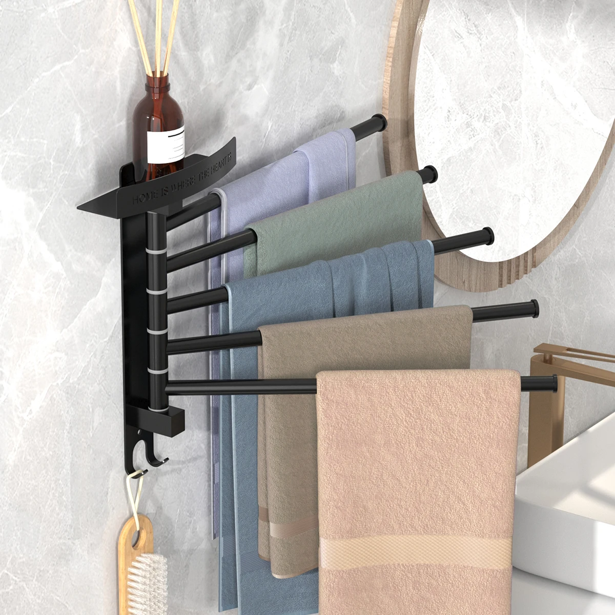 Компактная вращающаяся вешалка для полотенец 180° ° Настенный металлический стеллаж для хранения в ванной комнате без сверления с крючками и лотками для хранения
Компактная вращающаяся вешалка для полотенец 180° ° Настенный металлический стеллаж для хранения в ванной комнате без сверления с крючками и лотками для хранения