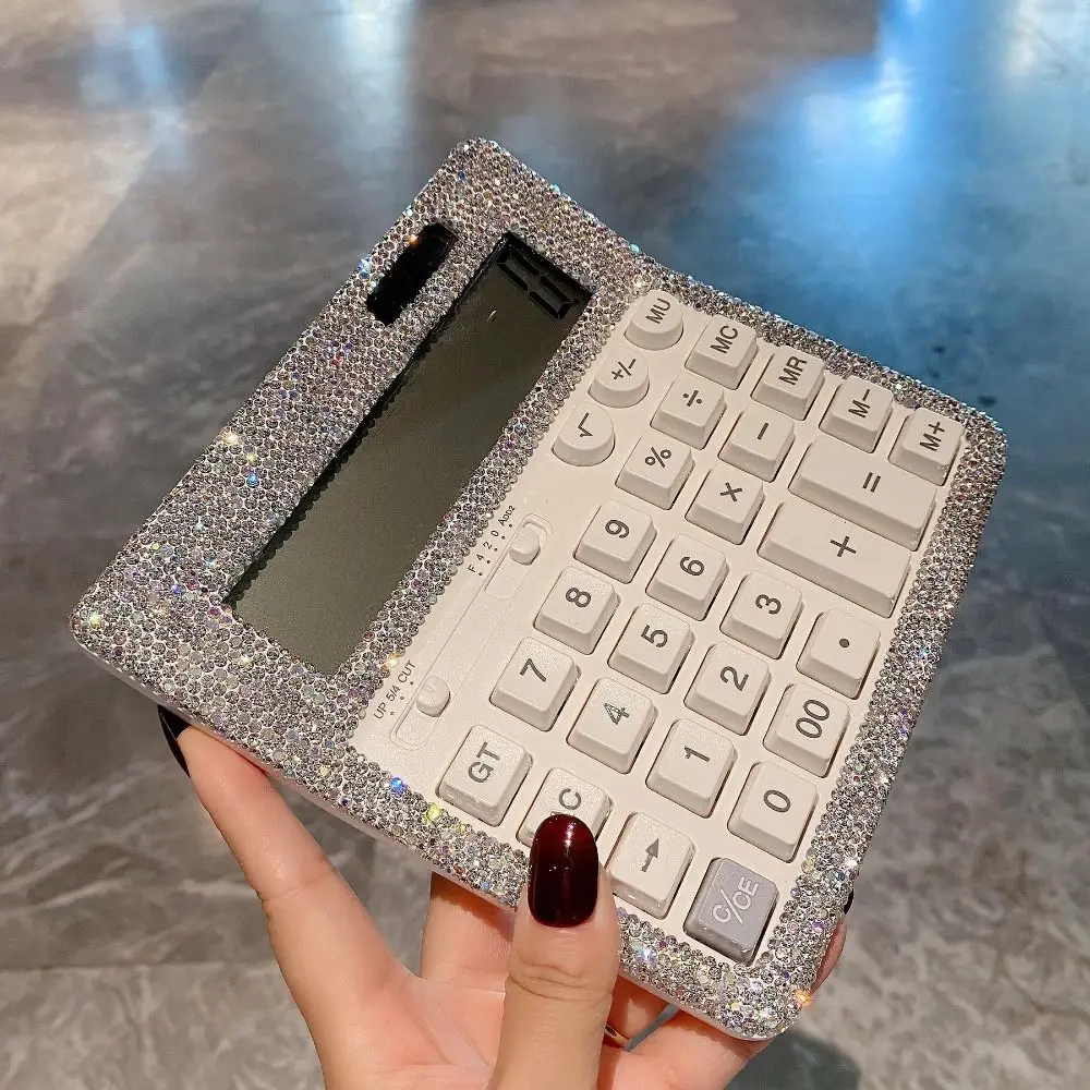 Shiny Rhinestone Calculator Dual Power Light Luxury 12-Digit Calculator Stationery Large Screen Display