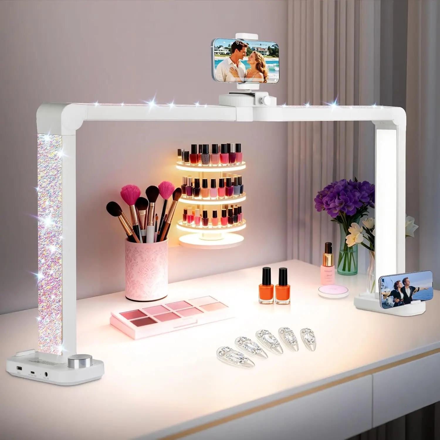 34-Inch Large Half Moon Nail Tech Light with Diamond, 456 LEDs, 3 Color Modes, Adjustable Knob & Phone Holder Charging
34-Inch Large Half Moon Nail Tech Light with Diamond, 456 LEDs, 3 Color Modes, Adjustable Knob & Phone Holder Charging