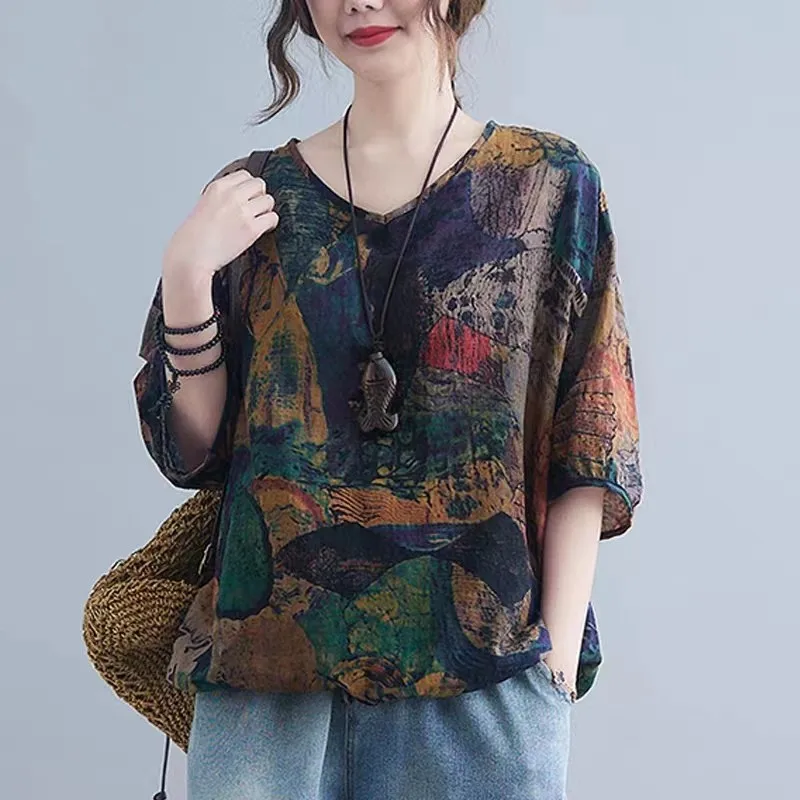 Summer 2024 Women's Ethnic Style T-Shirt Cotton Silk Short Sleeve Loose Slimming Casual Print Top Large Size Available
Summer 2024 Women's Ethnic Style T-Shirt Cotton Silk Short Sleeve Loose Slimming Casual Print Top Large Size Available