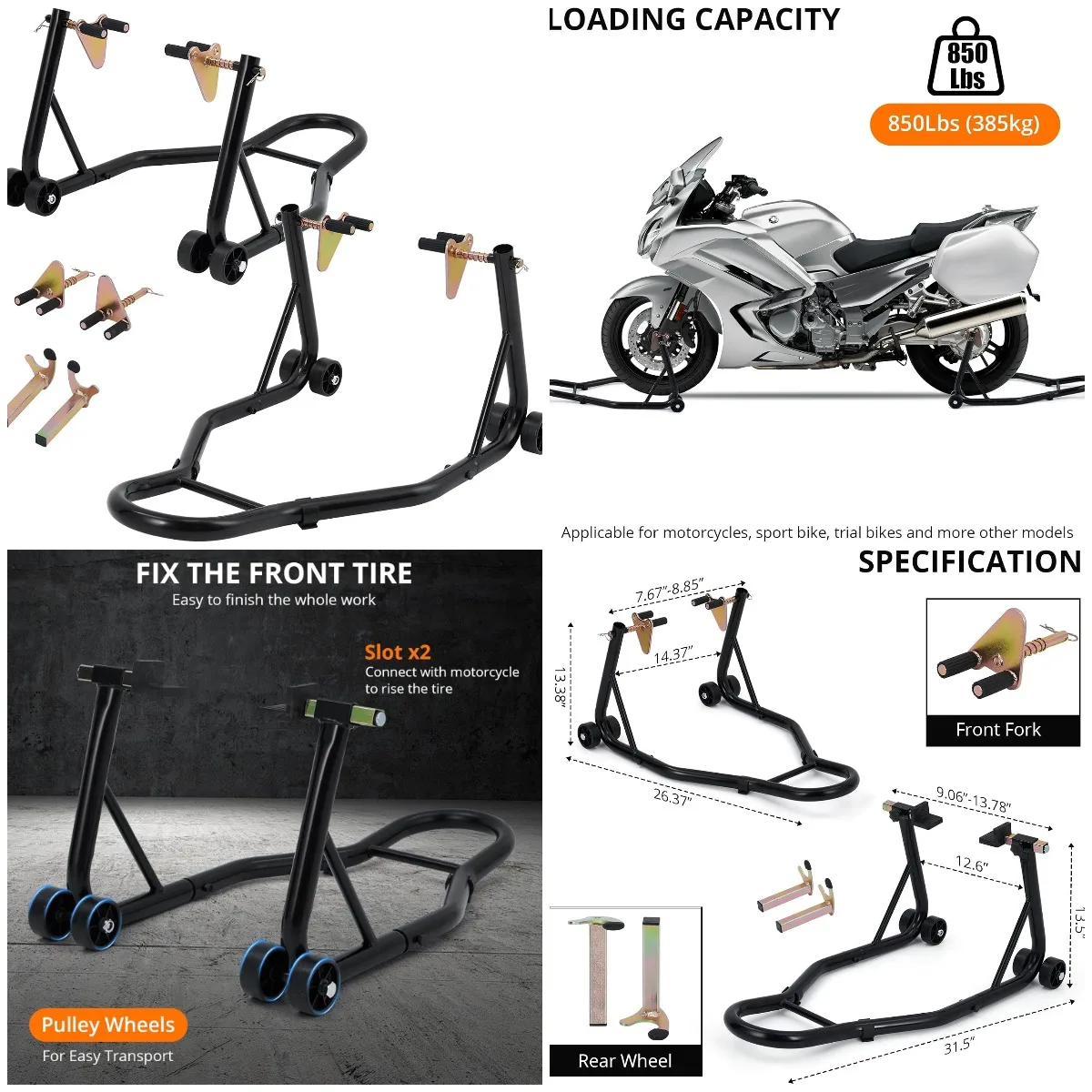 Motorcycle Stand Lift 850 LBS, Front/Rear Combo, Black
Motorcycle Stand Lift 850 LBS, Front/Rear Combo, Black